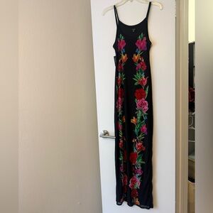 AFRM Black Maxi Dress with Red Pink and Green Floral Trim